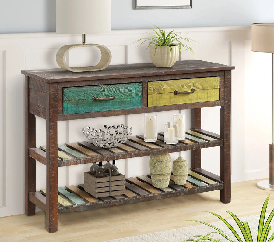 Retro-Style Console Table with Drawers and Slatted Shelves - DECOR MODISH Blue / United States DECOR MODISH Blue / United States