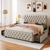 Upholstered Platform Bed Frame with Four Drawers, Button Tufted Headboard and Footboard Sturdy Metal Support, DECOR MODISH