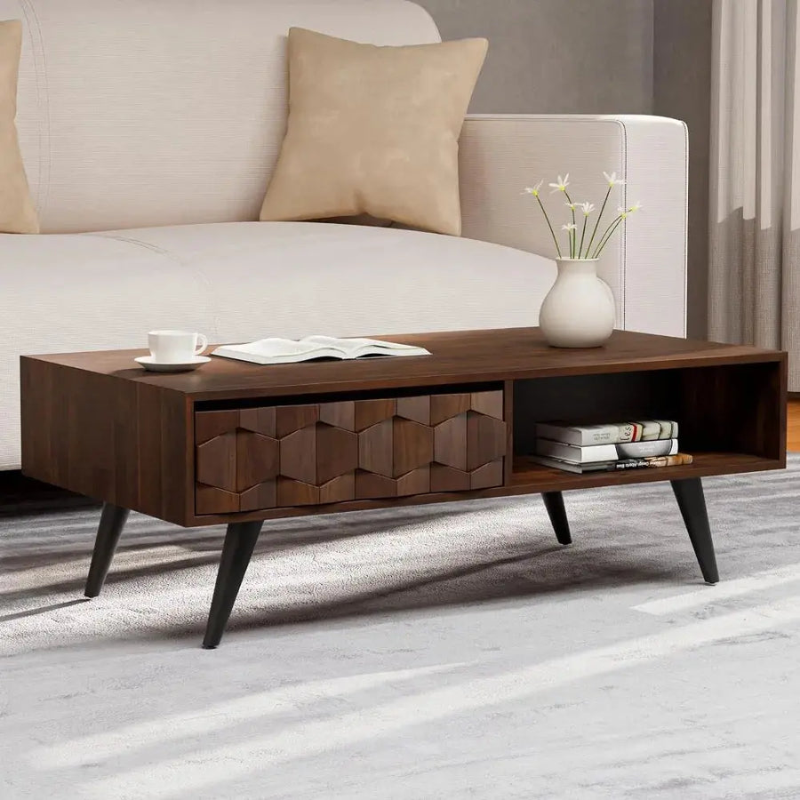 Walnut Solid Wood Coffee Table with Geometric Details and 2 Storage Drawers - DECOR MODISH United States DECOR MODISH United States