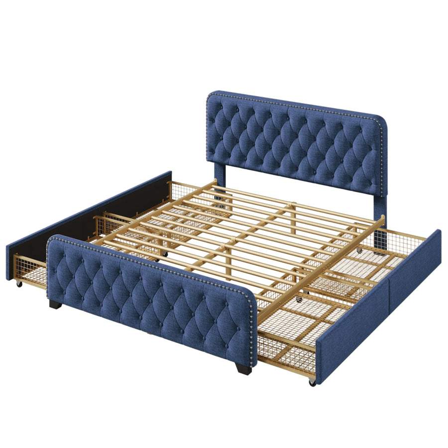 Upholstered Platform Bed Frame with Four Drawers, Button Tufted Headboard and Footboard Sturdy Metal Support, DECOR MODISH
