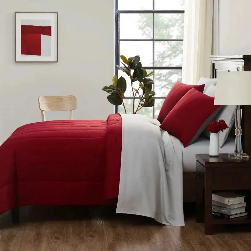 7-Piece Red Solid Bed in a Bag, Queen DECOR MODISH