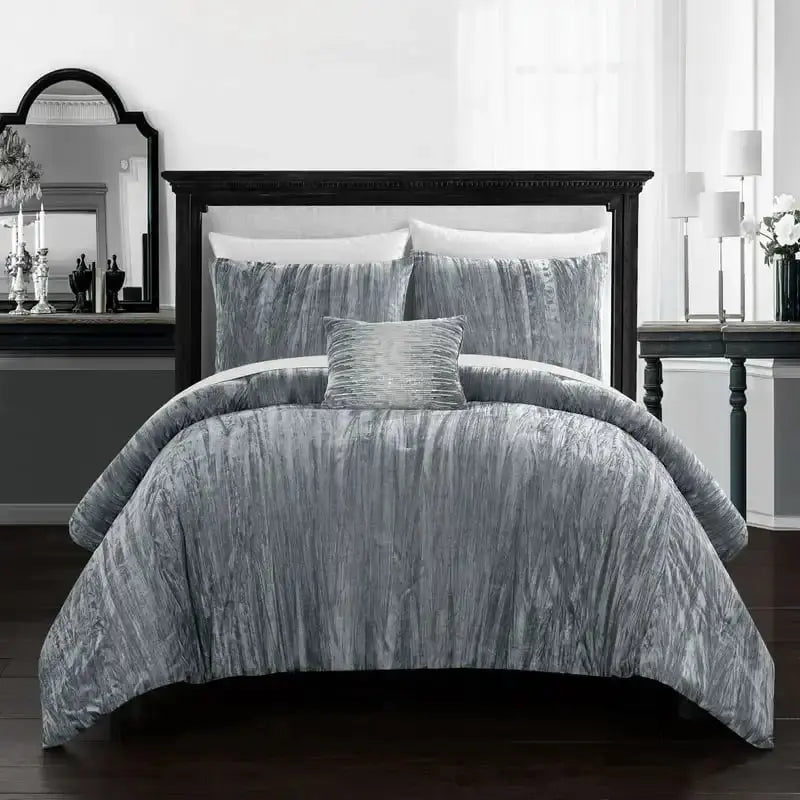 Kerk 8-Piece Crinkle Crushed Velvet Bed in a Bag Comforter Set - DECOR MODISH silaspink / King / United States DECOR MODISH silaspink / King / United States