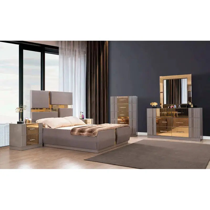 Modish Metallic River Sand Upholstery King Bedroom Set | 4-5 PCS - DECOR MODISH 4 Pc / United States DECOR MODISH 4 Pc / United States