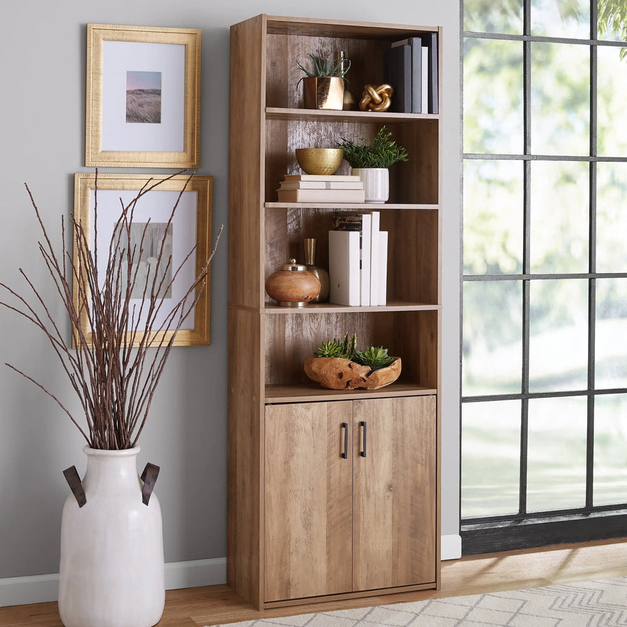 Mainstays Traditional 5 Shelf Bookcase with Doors - Weathered Oak Finish - DECOR MODISH United States DECOR MODISH United States