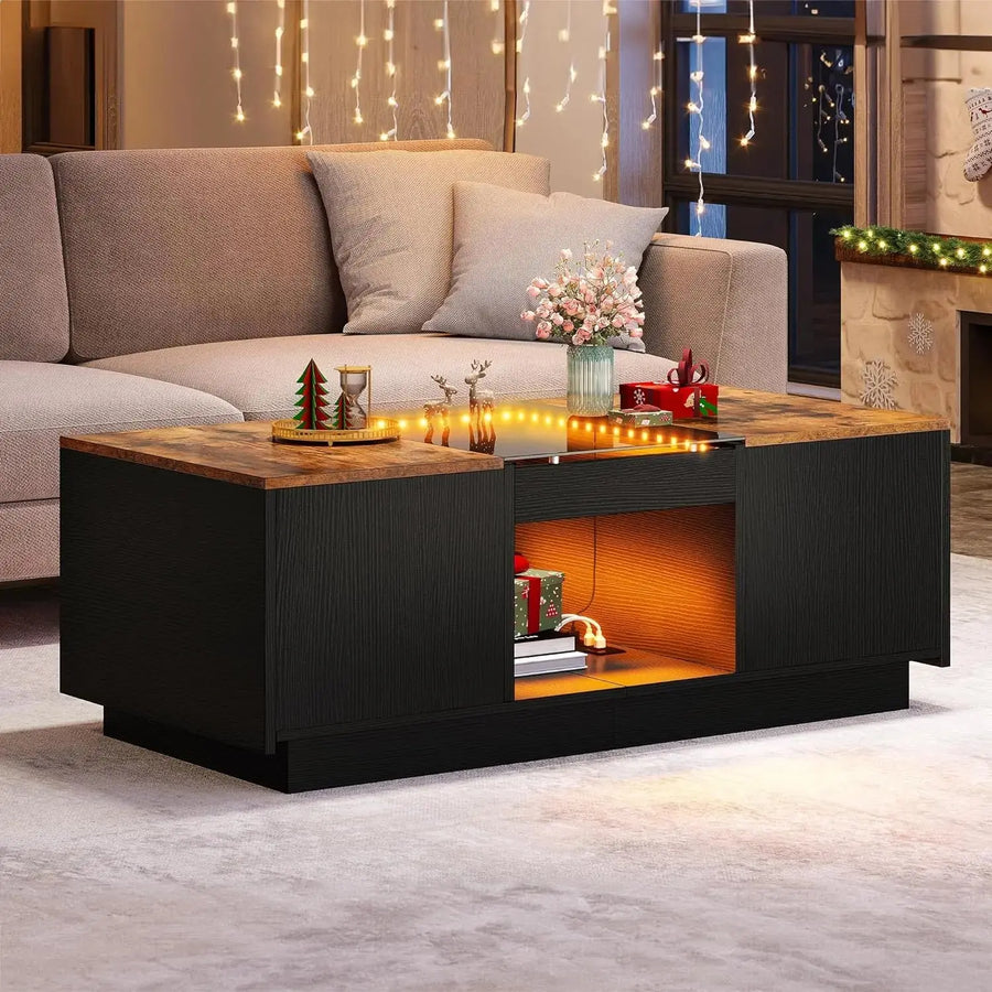 Glass Wood Coffee Table With LED Lights & Power Strip - Modish Salon Furniture - DECOR MODISH Black And Brown / United States DECOR MODISH Black And Brown / United States