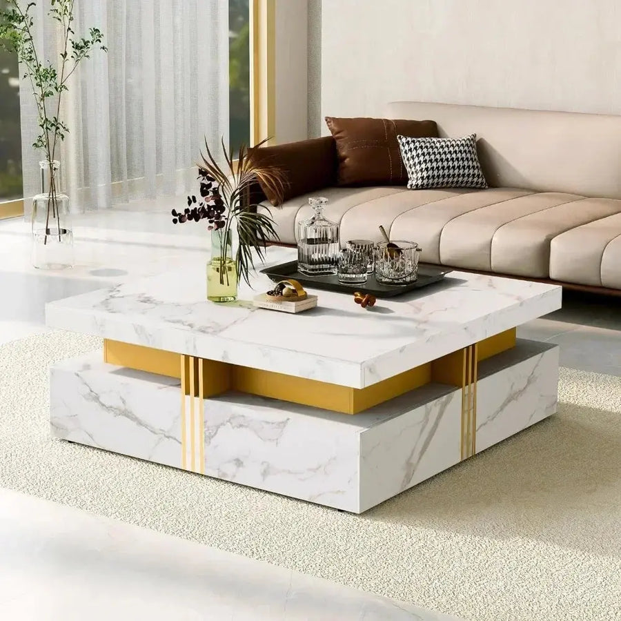 Wood Table for Living Room White With Storage 4 Drawers Dining Room Sets Modern Square Design With Marbling Gold Accents Coffee DECOR MODISH