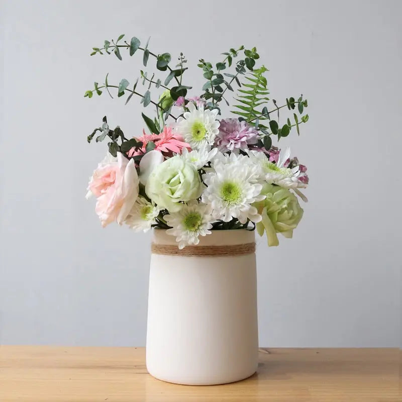 Modish Minimalist Flower Vase White Ceramic with Hemp Rope - DECOR MODISH