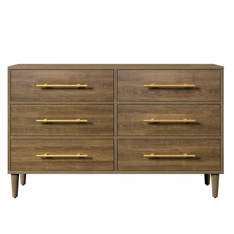 Mid-Century Modern Dresser with Golden Handles, Six-Drawer, Natural Walnut - DECOR MODISH