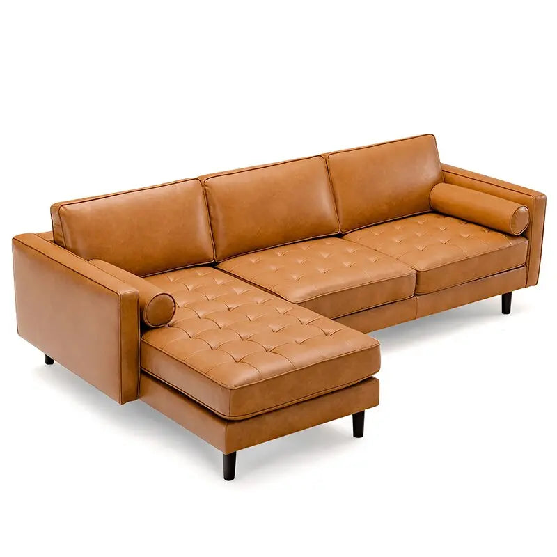 Modern L-Shaped Air Leather Sectional Sofa with Chaise Lounge and Bolster Pillows - DECOR MODISH